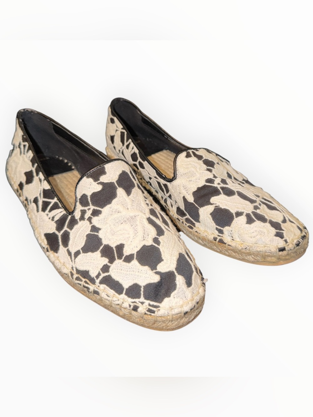 Cole Haan Palmero Lace Black & Cream Floral Espadrille Loafers Size 9